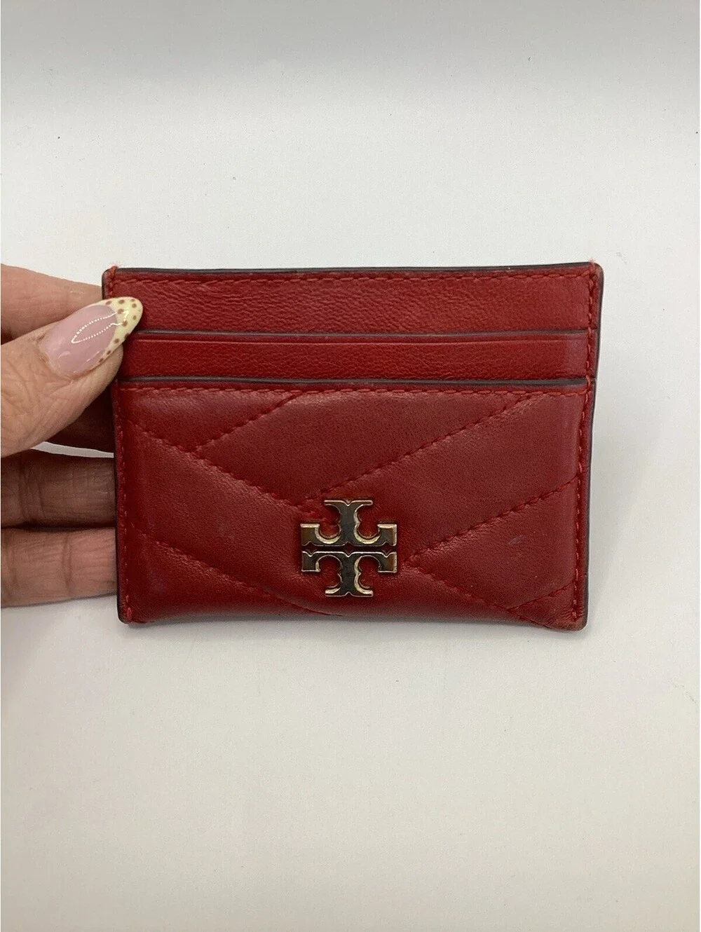 Preowned Tory Burch Chevron Card Holder Diagonal Quilted Red